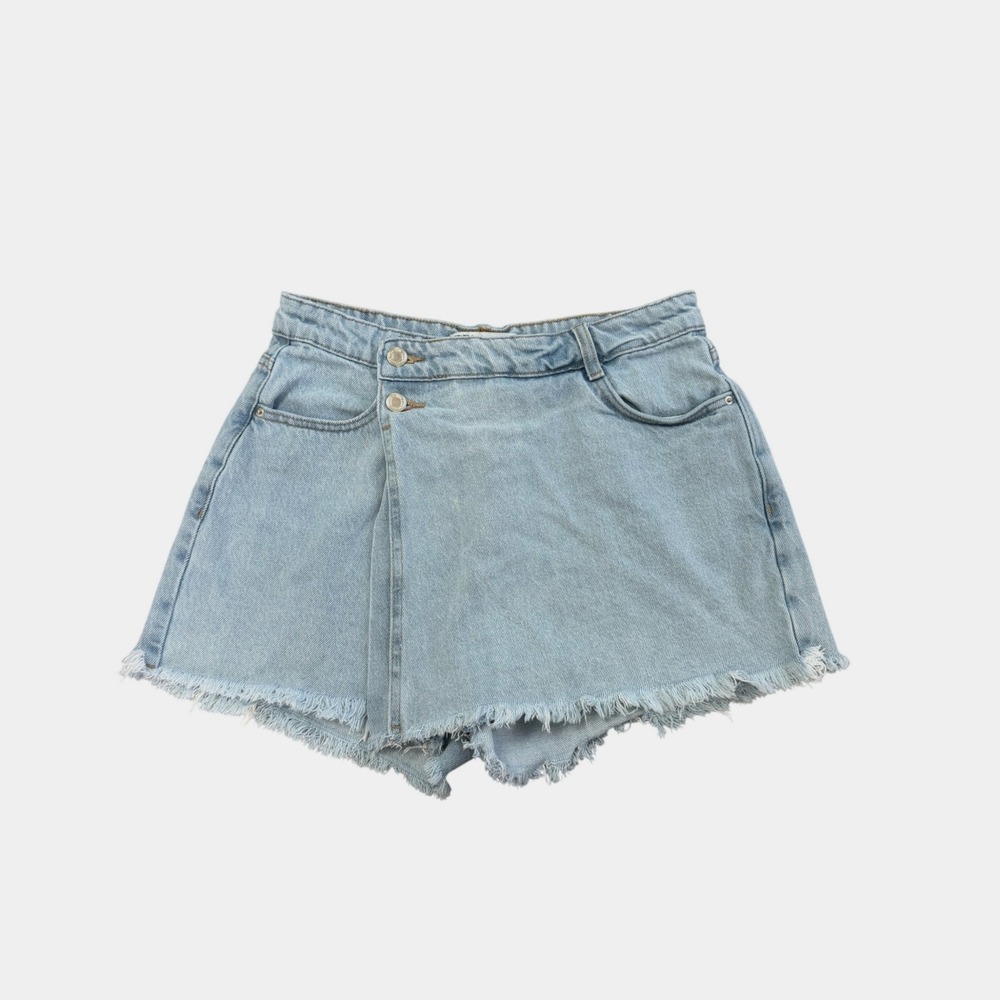 Zara TRF Womens Denim Mini M Blue Light Wash Raw Hem Asymmetric Front